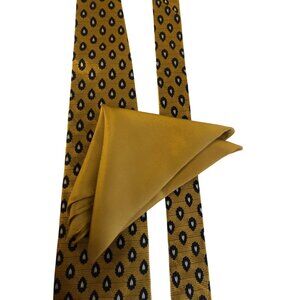 Faconnable Gold Black Silk Tie Pocket Square Mens Necktie France Formal Office